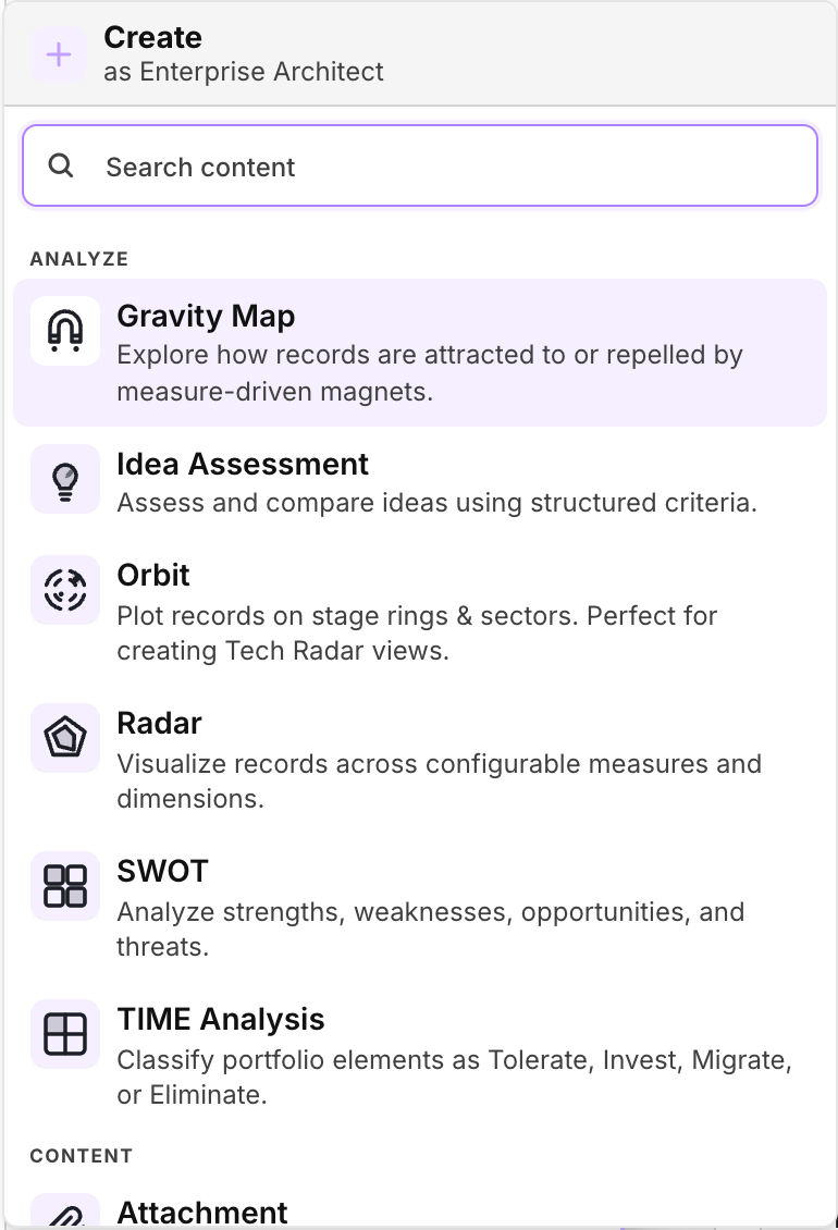 The create menu, grouped into categories, showing the Analyze types