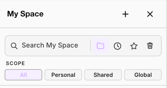 The My Space header, with search, folder, recent, favourites and trash controls, and the scope filter
